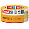 Ruban adhésif jaune Tesa Perfect+. Impression : 50 m x 50 mm, logos et pictogrammes. Fond gris clair.