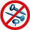 Red prohibition sign over blue screws, nails, and thumbtack.
