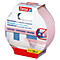 Ruban de masquage rose de Tesa, emballé. Imprimé : Ruban de masquage pour surfaces sensibles, 25m x 38mm. L'application sur le papier peint est illustrée.