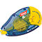 Blue and yellow tesa glue roller with text "non permanent glue" and "refill system". The housing is made of recycled plastic.