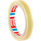 A roll of transparent adhesive tape from the Tesa brand. The core is printed in red and blue. The tape is slightly transparent.