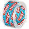 Close-up of a tesa tape roll. Turquoise and red logo with the word "tesa". Transparent adhesive tape.