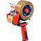 Tape dispenser, oranje-blauw met bruine tape rol.