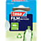 Blister pack of tesa Film Crystal Recycled adhesive film, dark blue-white. Print: 90% recycled, green bottle.