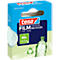 Blue and white Tesa film packaging, opened, shows transparent adhesive film roll, green recycling logo.