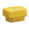 Bouchon en plastique jaune rectangulaire avec des bords arrondis et une partie rainurée en dessous. Fond blanc.