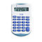 Weiß-blauer Taschenrechner mit Display, Tasten und der Anzeige 123456.78. Die Marke ist Texas Instruments.