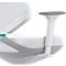 Close-up of a modern ergonomic seat with a gray armrest and a white cover.