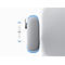 Close-up of a white device with blue lines and height adjustment indicator.