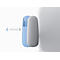 Close-up of an earbud in a blue case, next to a gray earbud inserted into a white ear. A blue bar indicates the volume.