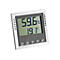 Digitales Hygrometer mit grauem Display und silbernem Rahmen, zeigt 59,6% Luftfeuchtigkeit und 19,1 Grad Celsius an.