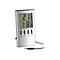 Digitales Innenthermometer in silbernem Gehäuse mit LCD-Display, Temperaturanzeige und Bedienknöpfen.