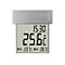 Digitales Thermometer mit Uhrzeit und Min/Max-Temperaturanzeige vor weißem Hintergrund.