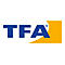 Blaues Firmenlogo TFA vor einem gelben, geschwungenen Hintergrund.