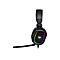 Schwarzes Gaming-Headset mit Mikrofon, beleuchtet durch RGB-Farben.