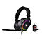 Schwarzes Gaming-Headset mit farbiger Beleuchtung und Mikrofon. Daneben ein Controller mit rotem Drehknopf.