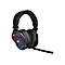 Schwarzes Gaming-Headset mit RGB-Beleuchtung an den Ohrmuscheln, einem Mikrofon und einem weißen Hintergrund.