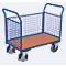 Blue transport cart with wooden base and mesh walls. Four wheels, two handles.