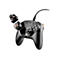 Schwarzer Gamecontroller mit abnehmbaren Teilen. Goldene Akzente. Kabel angeschlossen.