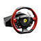 Ferrari-Gaming-Lenkrad mit rotem Lederbezug und zentralem Logo auf schwarzem Hintergrund.