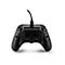 Rückseite eines schwarzen Gaming-Controllers mit USB-Kabelanschluss und texturierten Griffen vor weißem Hintergrund.