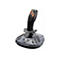 Schwarzer Thrustmaster Joystick mit grauer Basis und vielen Bedienelementen, freigestellt auf weißem Hintergrund.