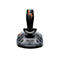 Schwarzer Gaming-Joystick von Thrustmaster auf grauer Basis mit orangefarbenen Tasten, vor weißem Hintergrund.