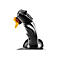 Schwarzer ergonomischer Joystick mit einem markanten orangefarbenen Abzug vor weißem Hintergrund.