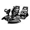 Thrustmaster Flight-Set bestehend aus Joystick, Schubregler und Ruderpedalen in Schwarz auf weißem Grund.