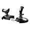 Zwei schwarze Joysticks für Videospiele. Einer ist breit und hat Tasten, der andere ist hoch mit einer Form, die einer Hand ähnelt.