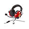 Rotes Ferrari-Headset mit Mikrofon, gelbem Logo und schwarzen Kabeln.