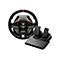Schwarzes Thrustmaster-Gaming-Lenkrad mit Pedaleinheit auf weißem Hintergrund.