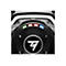 Detailansicht eines Gaming-Lenkradzentrums mit leuchtenden LED-Statusanzeigen und vier Tasten mit Icons.
