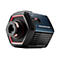 Thrustmaster Wheelbase in Dunkelblau und Schwarz mit roter LED-Beleuchtung vor weißem Hintergrund.