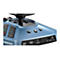 Nahaufnahme der Basis eines blauen Thrustmaster Gaming-Lenkrads mit Anschlüssen für USB, Xbox und Kopfhörer.