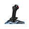 Schwarzer Gaming-Joystick mit rotem Knopf auf einer blauen Basis mit Tasten vor weißem Hintergrund.