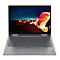 Grauer Laptop mit geöffnetem Display, rotes Lenovo Logo.
