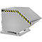 Grey metal tipping skip, with black and yellow warning stripes.
