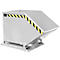 Gray metal tipper with yellow and black warning stripes.