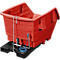 Red tipper, chains and rope, on a black base. Suitable for transporting goods.