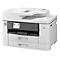 Ein weißer Multifunktionsdrucker mit grauem Bedienfeld, Papierschubladen und Flachbettscanner.