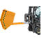 Yellow forklift attachment bin mounted on a forklift. Black and yellow warning stripes on the corner.