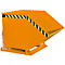 Orange tipping skip. Angular, with yellow-black warning stripes. Tipping device with chain. Open at the front.