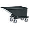 Black tipping cart with four wheels, on a white background. Upper edge angular, base angular with wheels.