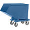 Blue tipping container on wheels. The rectangular construction slopes down at the front. Four grey casters provide mobility.