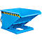 Blue tipping container with black and yellow warning stripes. Tipping mechanism and base.