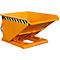 Yellow tipping skip with black and yellow stripes, for unloading materials.