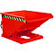 Red tipping skip with black and yellow warning stripes. It stands on a lifting device.