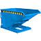 Blue tipping skip, diagonally from the front, with black and yellow warning stripes. The product is designed for the transport of bulk goods.