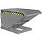 Grey metal tipping skip, yellow and black warning marking, standing at an angle.